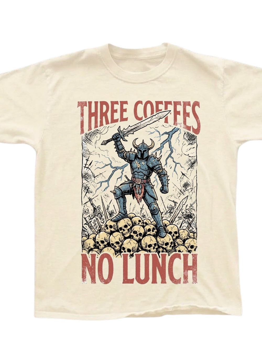 Cream Short Sleeve Tee with Blue Armored Warrior Graphic, Gift For Her, For Him